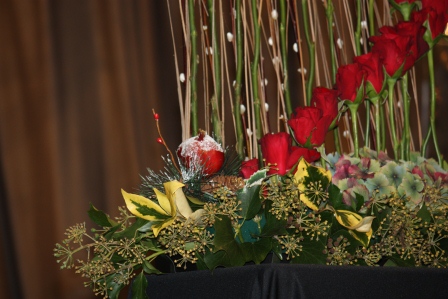 Close-up of Richard Haslam's red rose arrangement.