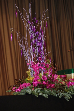 Pink & purple mantel piece arrangement with candles (and ornaments).