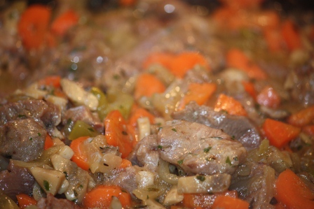 Lamb, onions, carrots, celery, and mushrooms. 