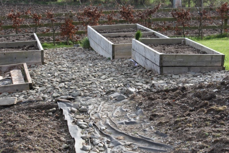 A "before" picture showing the black sheeting between two beds.