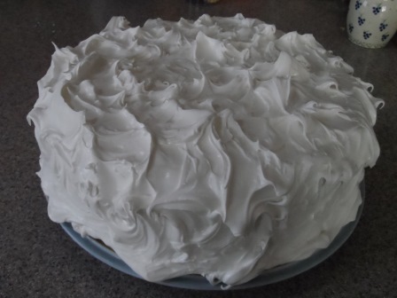 Snow icing covered fruit cake