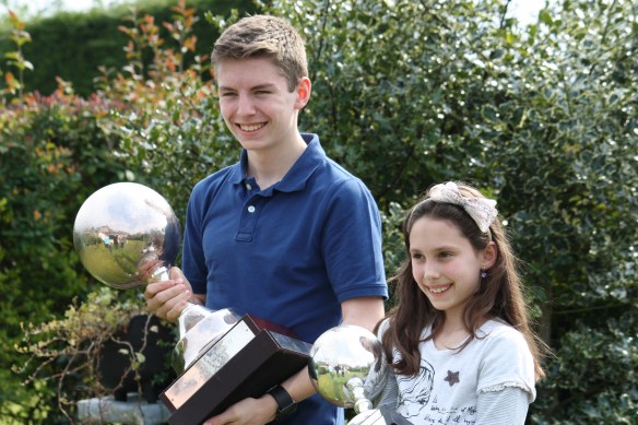 My son & daughter holding their Irish dancing teams' globe trophies! (1st & 3rd place)