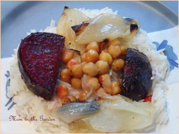 Roasted beets (beet root), onions, and chick peas with rice
