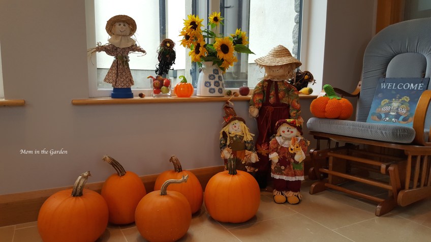 pumpkins and scarecrow decorations inside house