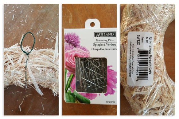 floral pins, straw wreath frame, and hanging hook