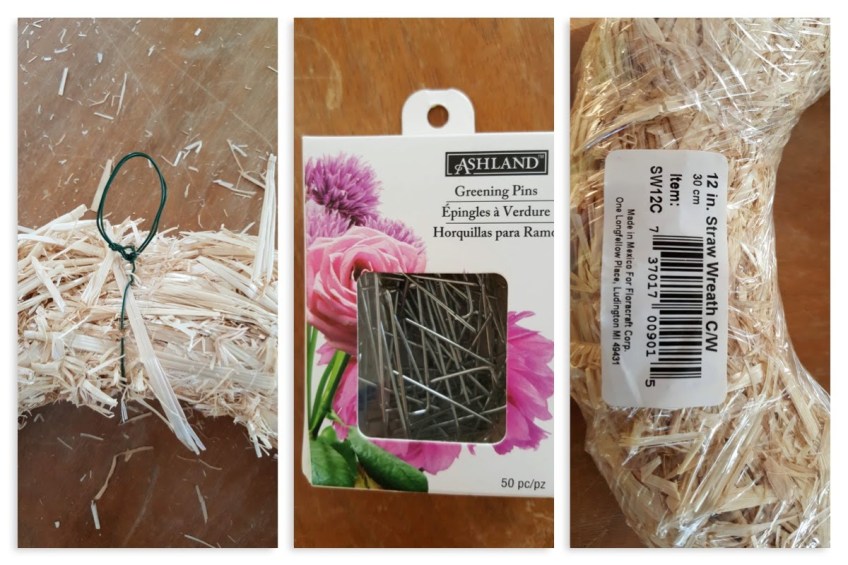 floral pins, straw wreath frame, and hanging hook