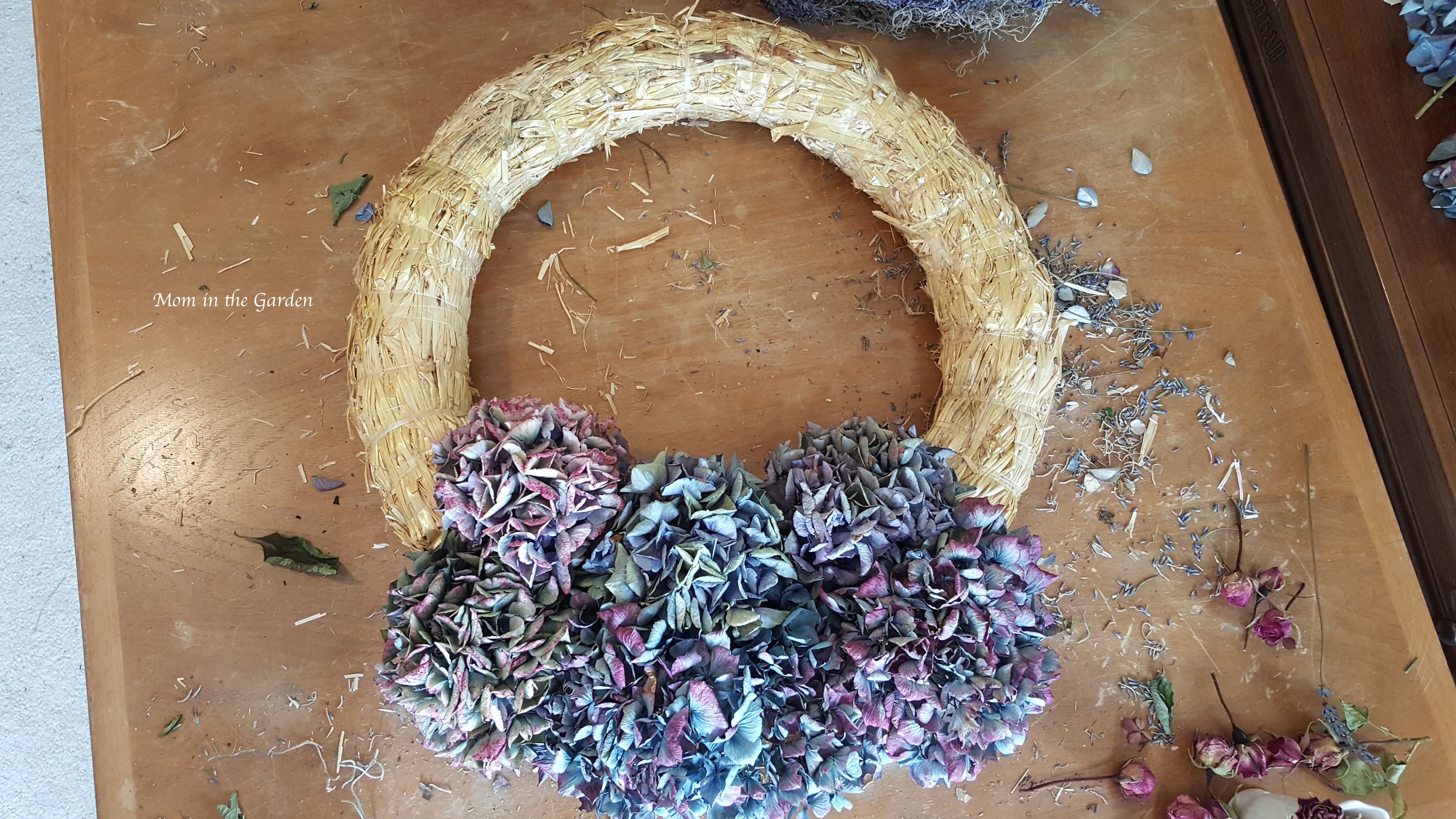 blue hydrangea wreath in process