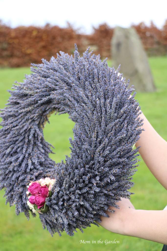 Lavender Wreath + fuschia roses side view
