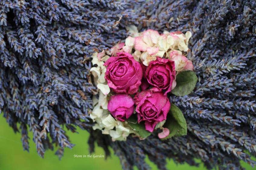 Lavender wreath + hot pink roses + hydrangea