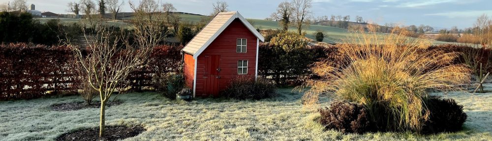 Blue sky frosty morning view of playhouse