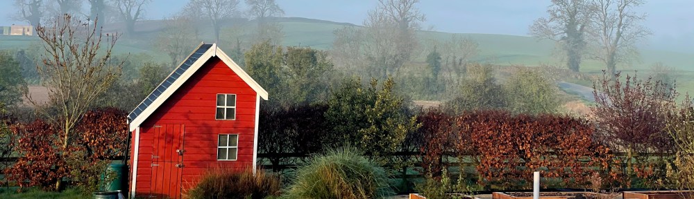 red playhouse with foggy morning sun