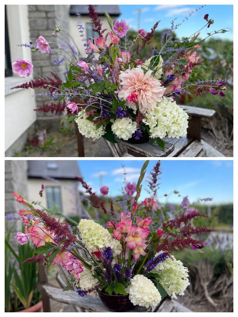 a summer flower arrangement with hydrangeas, gladiolas, salvia, alstromeria, astilbe, Japanese anemone