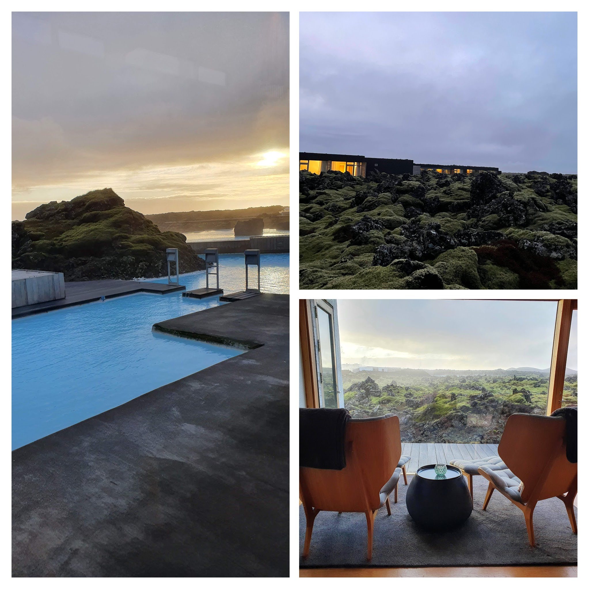 collage of images from Silica hotel, including the lagoon, view from the balcony and the hotel itself.
