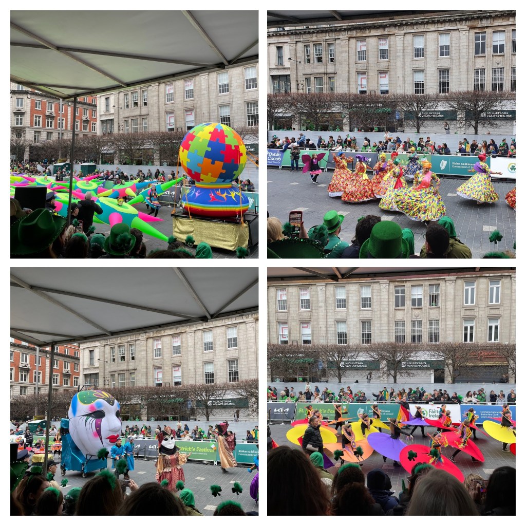 Collage of pictures from St. Patrick's day parade in Dublin, colorful dancers, masks and the globe represented in a puzzle