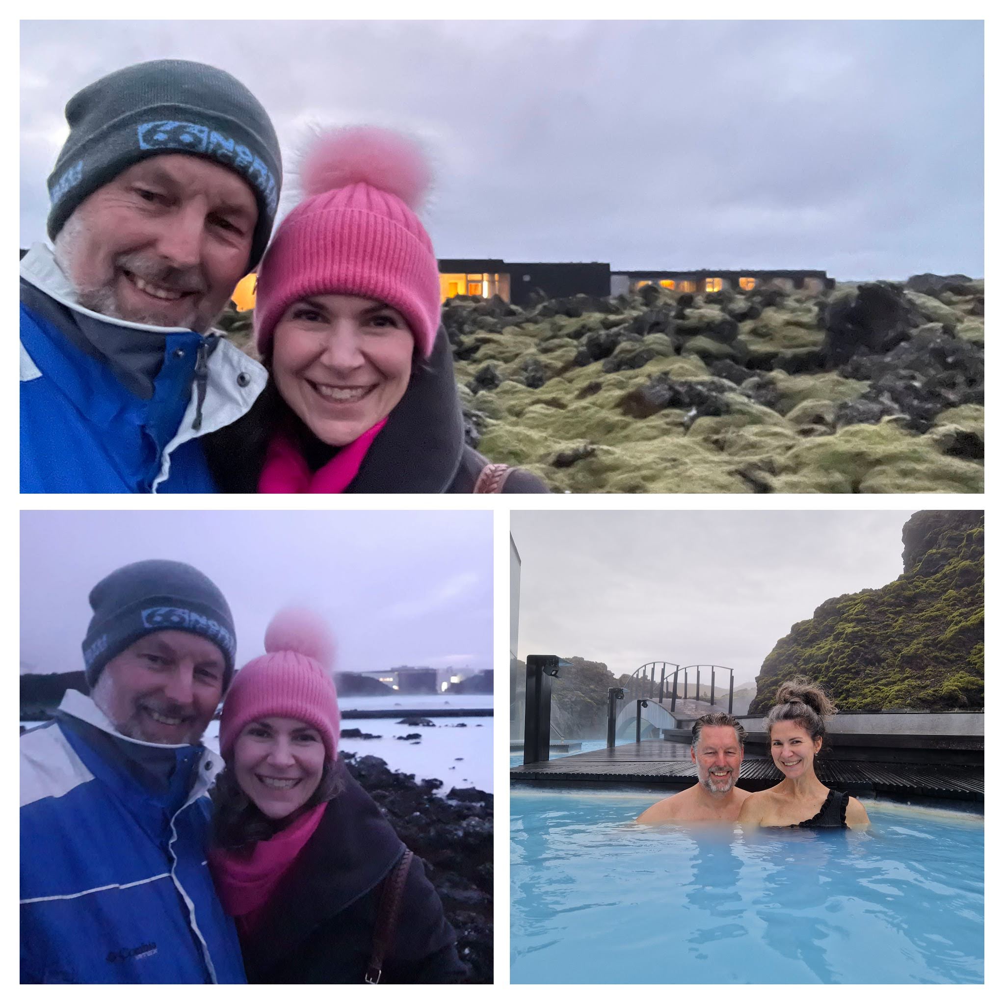 Dana and Paraic at Silica hotel, on the walk to the Blue Lagoon, and in the Blue Lagoon.