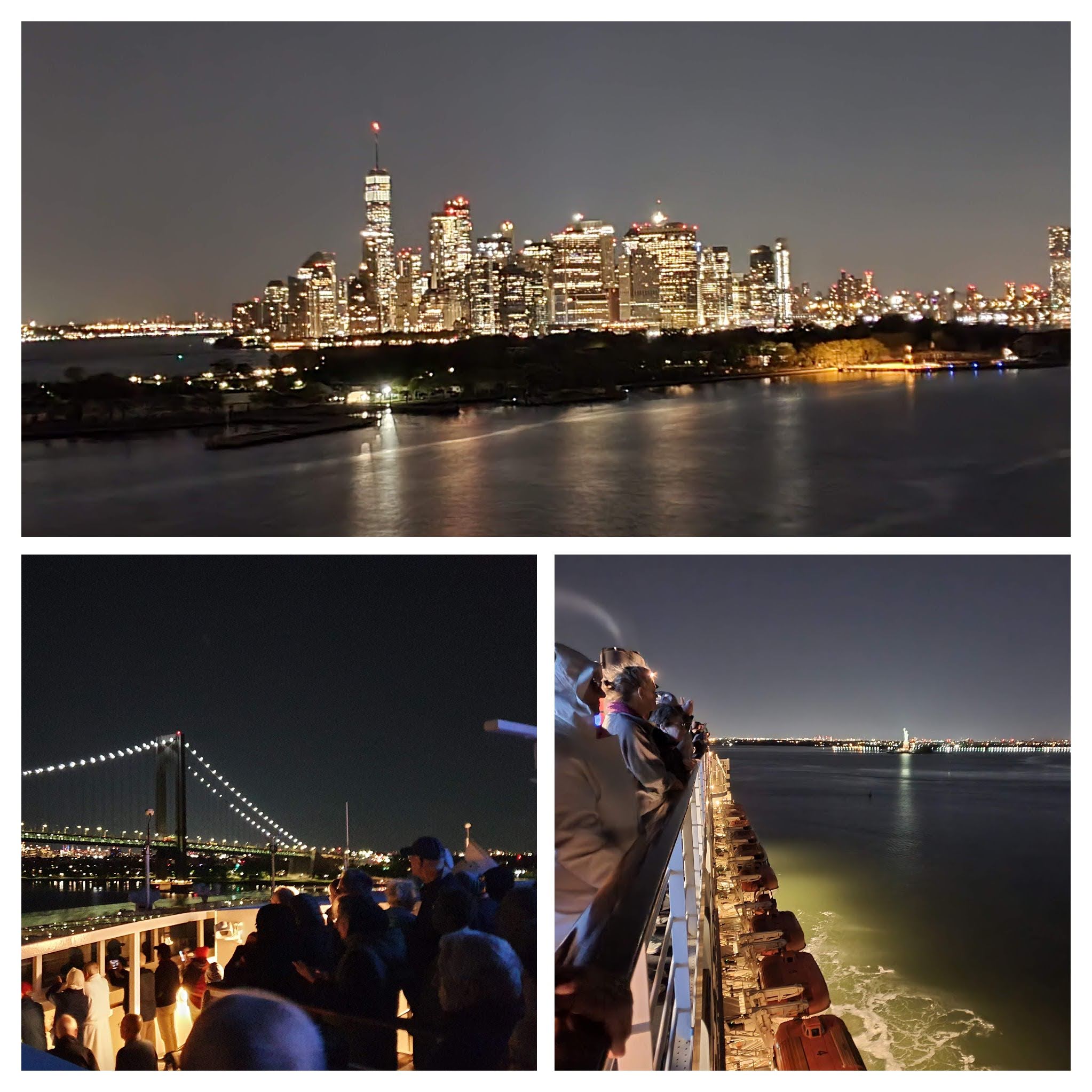 Night time views of the Verranzzano bridge and the NY skyline and the Statue of Liberty